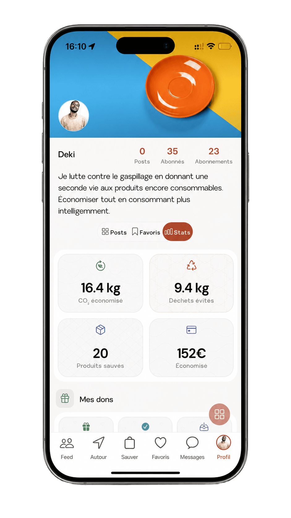Profil et statistiques d'impact dans l'application Nythy